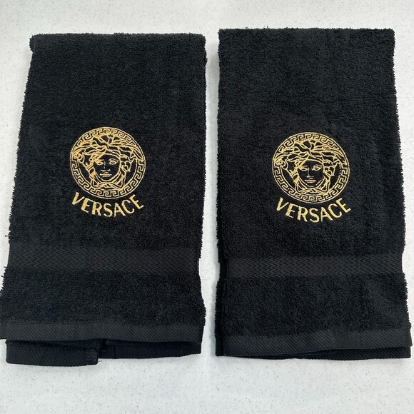 Versace Style Towels Embroidered Hand Towel Set Black Gold Bathroom Decor - Picture 1 of 2